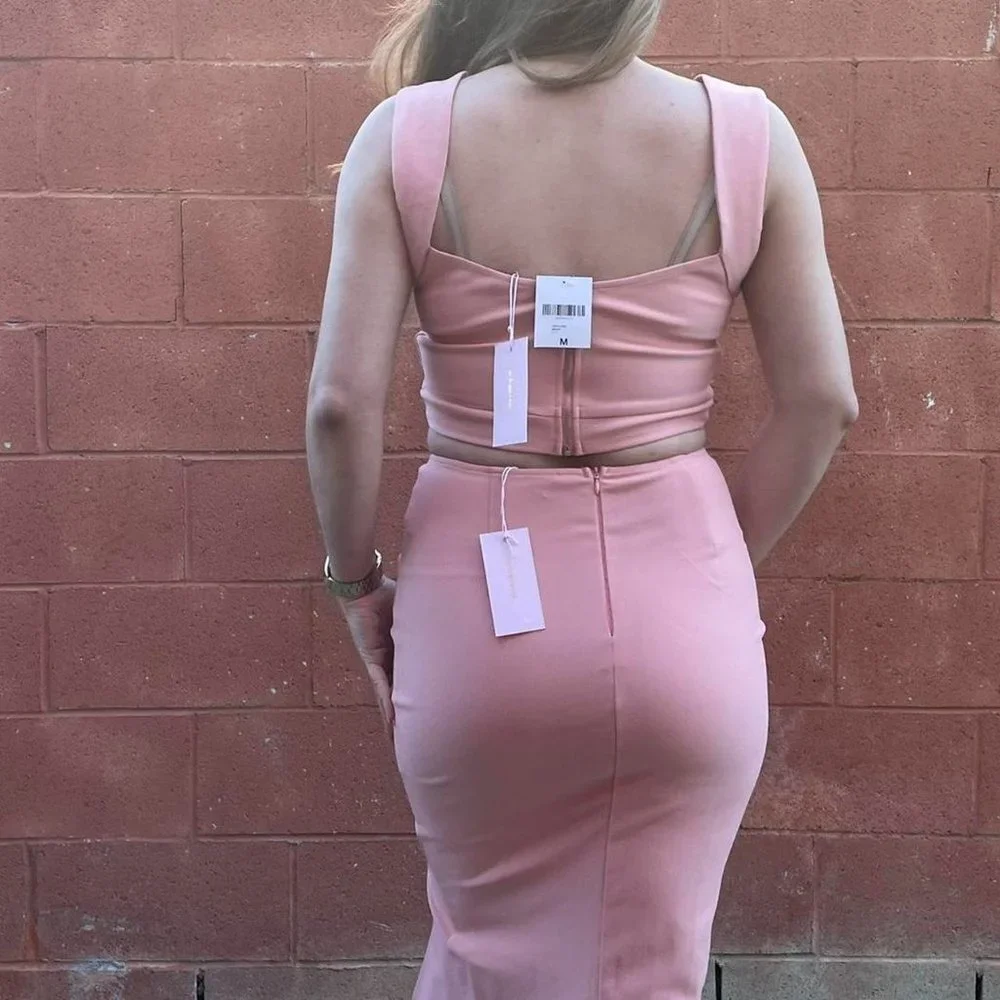 Pink Crop Top and Midi Skirt Matching Set